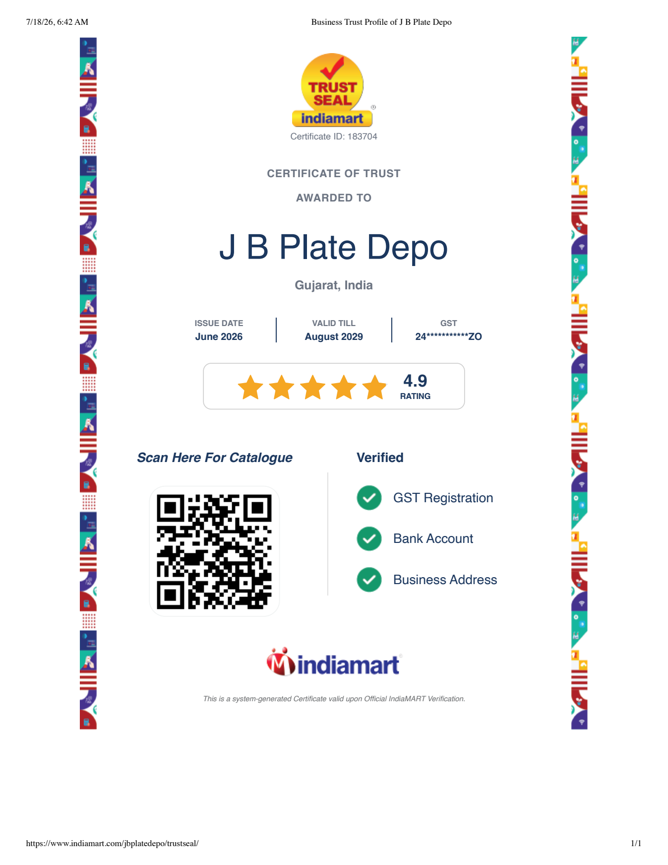 IndiaMART Certificate of Trust awarded to J B Plate Depo